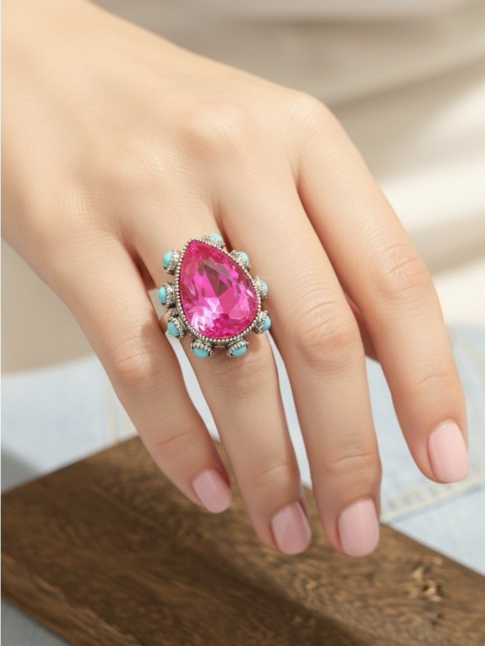 Western Boho Hot Pink Bling Turquoise Coquette Statement Ring Glam Cowgirl Girly